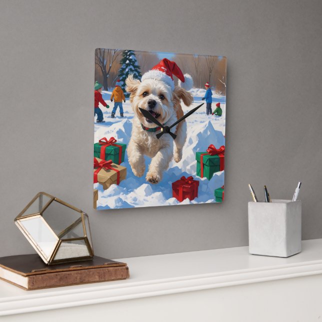 Bichon Frise Christmas Festive Snow Scene Square Wall Clock (Office)