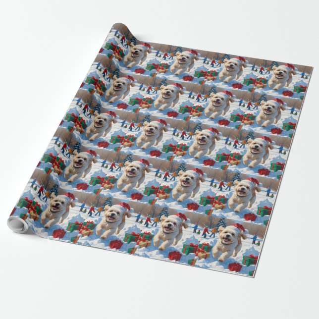 Bichon Frise Christmas Festive Snow Scene Wrapping Paper (Unrolled)