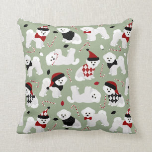 Bichon Frise Christmas Green Throw Pillow