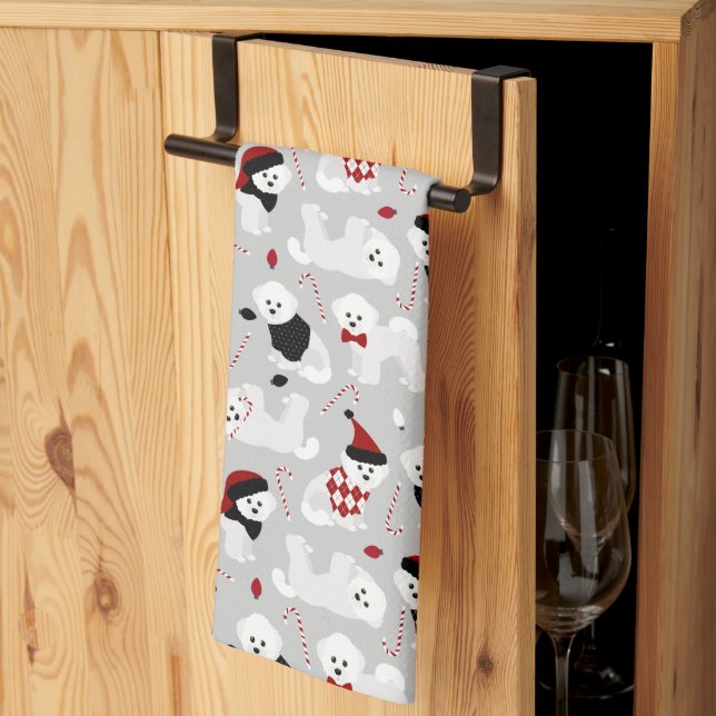 Bichon Frise Christmas Grey Tea Towel (Thirds Fold)