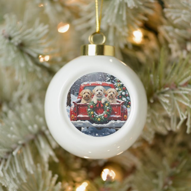 Bichon Frise Christmas Red Truck Holiday Ceramic Ball Christmas Ornament (Tree)