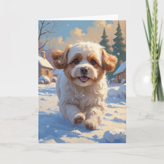 Bichon Frise Christmas Snow Scene Painting Card (Front)