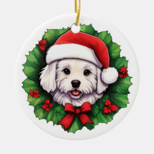 Bichon Frise Christmas Wreath Ceramic Ornament