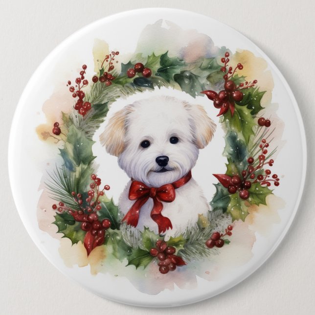 Bichon Frise Christmas Wreath Festive Pup 6 Cm Round Badge (Front)
