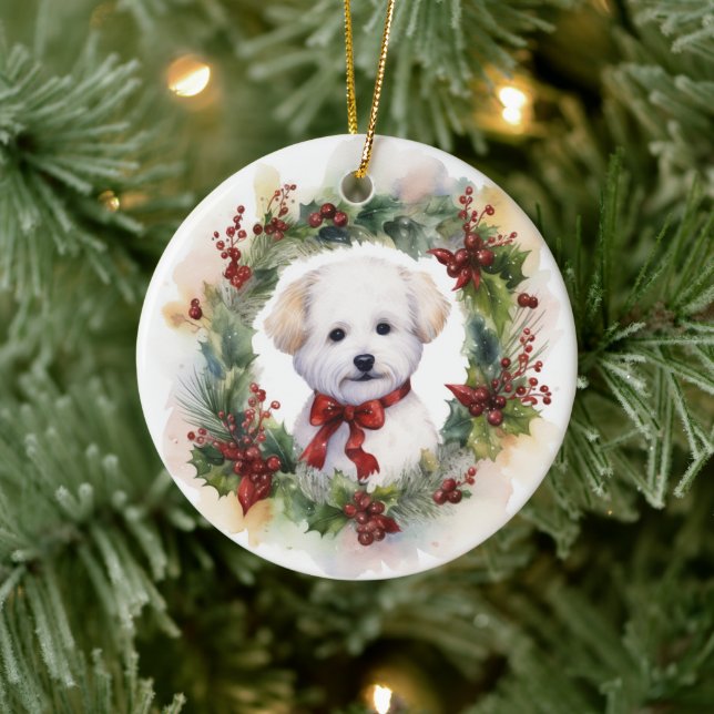 Bichon Frise Christmas Wreath Festive Pup Ceramic Ornament (Tree)
