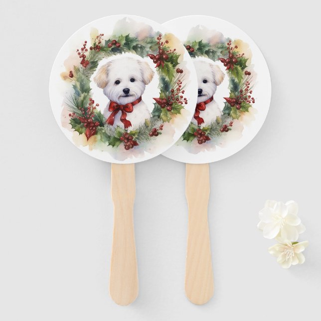 Bichon Frise Christmas Wreath Festive Pup Hand Fan (Front and Back)