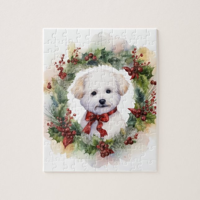 Bichon Frise Christmas Wreath Festive Pup Jigsaw Puzzle (Vertical)