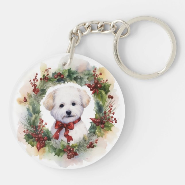 Bichon Frise Christmas Wreath Festive Pup Key Ring (Back)