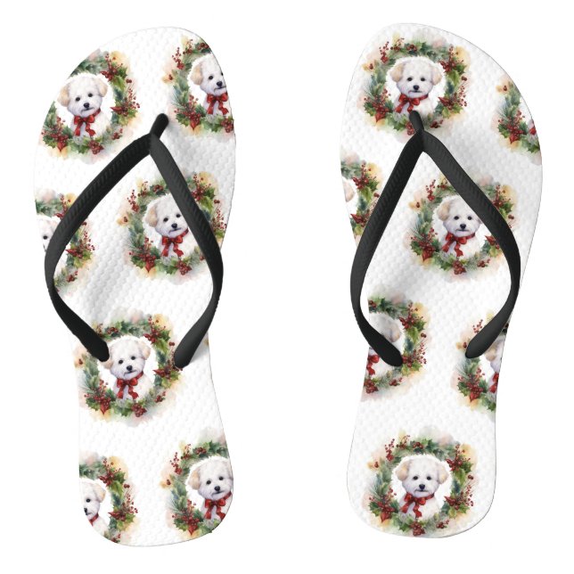 Bichon Frise Christmas Wreath Festive Pup Thongs (Footbed)