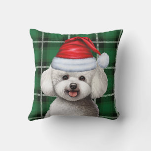 Bichon Frise Dog and Green Holiday Plaid Christmas Cushion