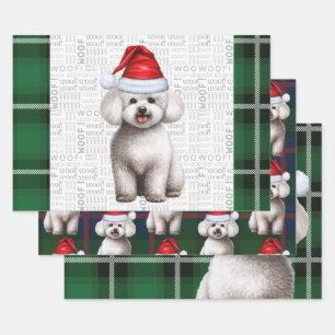 Bichon Frise Dog and Green Plaid Holiday Wrapping Paper Sheet
