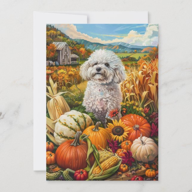 Bichon Frise Dog Autumn Harvest Thanksgiving Holiday Card (Front)
