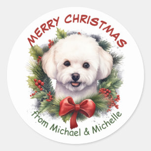Bichon Frise Dog Christmas Red Bow Wreath Classic Round Sticker