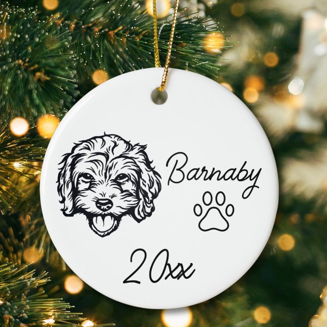 Bichon Frise Dog Custom Name & Year Line Art Ceramic Ornament (Bichon Friese Dog Custom Name and Year Ornament with Paw Print. Black and White Line Art Modern)