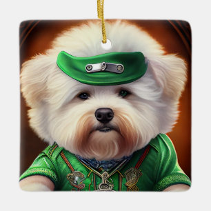 Bichon Frisé Dog Driving Bike St. Patrick's Day Ceramic Ornament