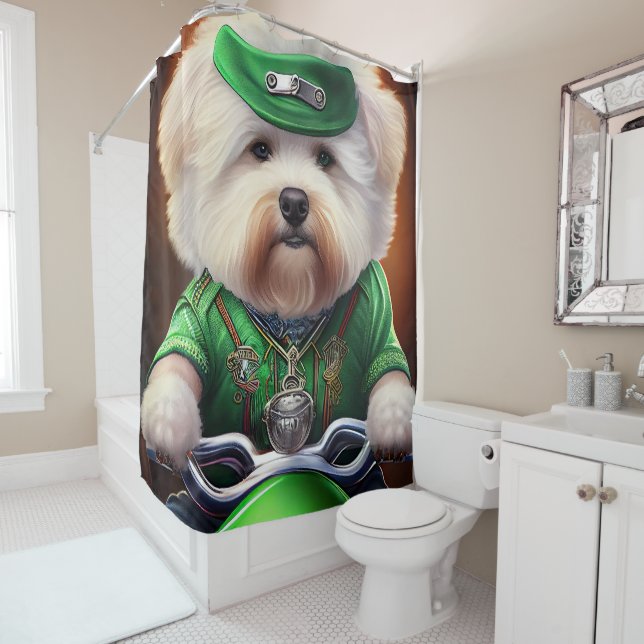 Bichon Frisé Dog Driving Bike St. Patrick's Day Shower Curtain (In Situ)