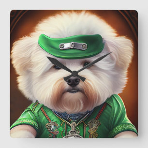 Bichon Frisé Dog Driving Bike St. Patrick's Day Square Wall Clock