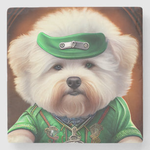 Bichon Frisé Dog Driving Bike St. Patrick's Day Stone Coaster