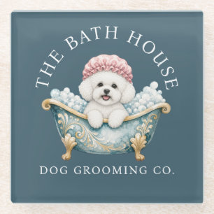 Bichon Frise Dog Grooming Glass Coaster - Teal