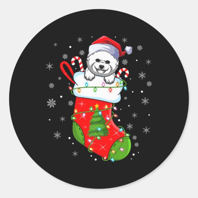 Bichon Frise Dog In Christmas Socks Lights Xmas Pr Classic Round Sticker (Front)
