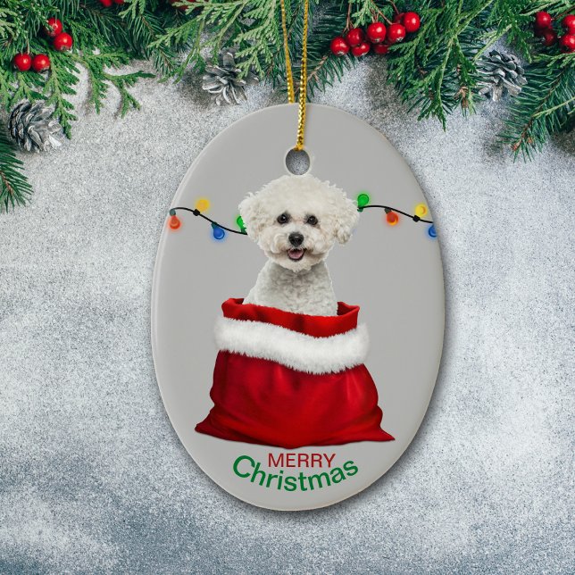 Bichon Frise Dog in Gift Bag Christmas Ceramic Ornament (Creator Uploaded)