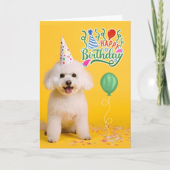 Bichon Frise Dog in Party Hat on Yellow Birthday Card (Front)