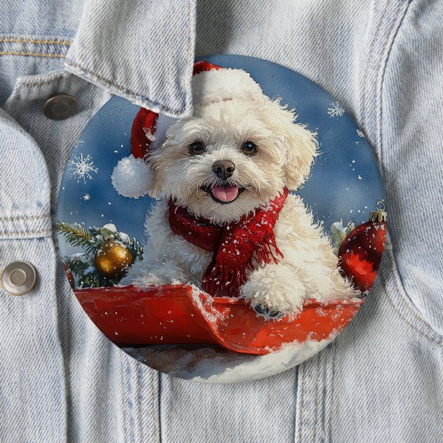 Bichon Frise Dog in Sledge Let it Snow Christmas  6 Cm Round Badge (In Situ)