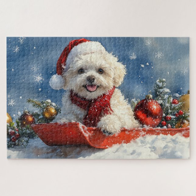 Bichon Frise Dog in Sledge Let it Snow Christmas  Jigsaw Puzzle (Horizontal)