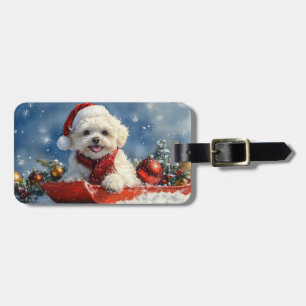 Bichon Frise Dog in Sledge Let it Snow Christmas Luggage Tag