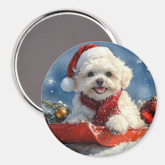 Bichon Frise Dog in Sledge Let it Snow Christmas  Magnet