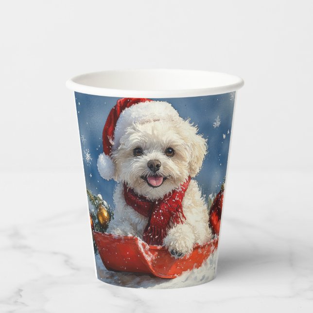 Bichon Frise Dog in Sledge Let it Snow Christmas  Paper Cups (Front)