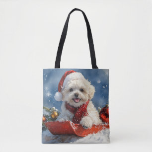 Bichon Frise Dog in Sledge Let it Snow Christmas Tote Bag