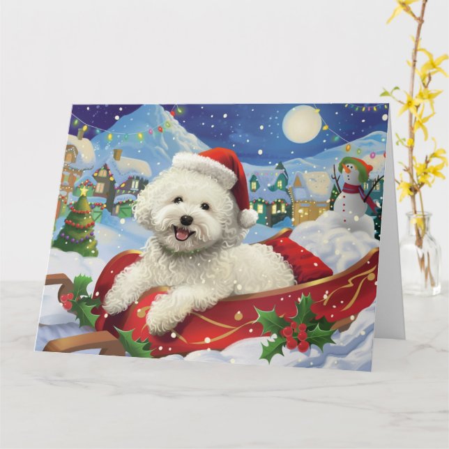 Bichon Frise Dog in Sleigh Snow Christmas Card (Yellow Flower)