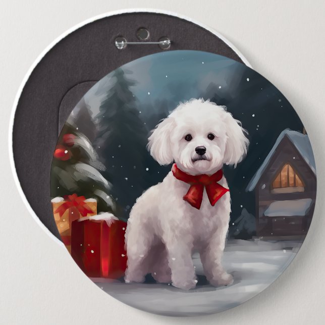 Bichon Frise Dog in Snow Christmas  6 Cm Round Badge (Front & Back)