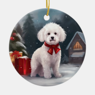 Bichon Frise Dog in Snow Christmas  Ceramic Ornament