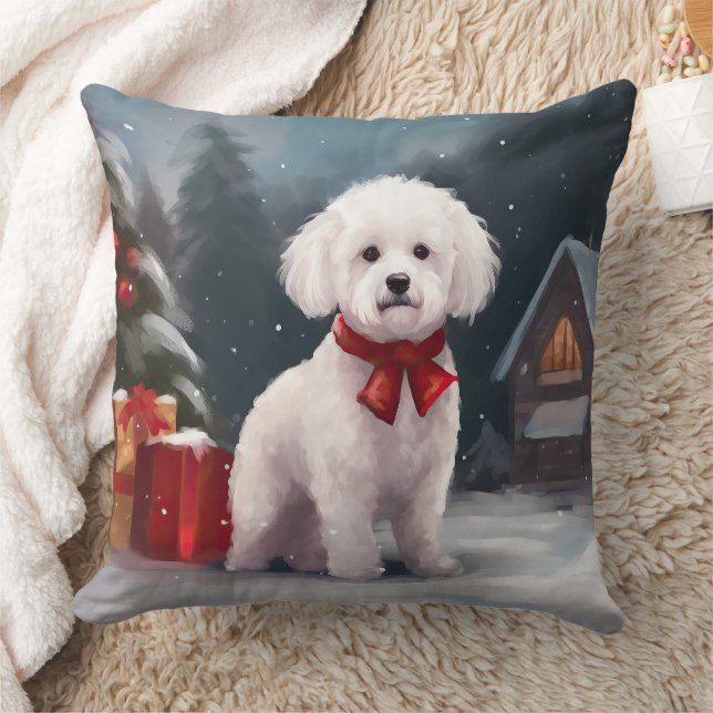 Bichon Frise Dog in Snow Christmas  Cushion (Blanket)