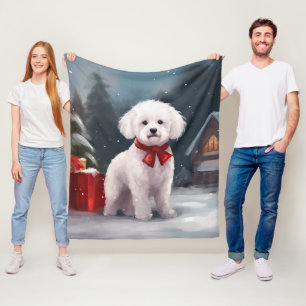 Bichon Frise Dog in Snow Christmas Fleece Blanket