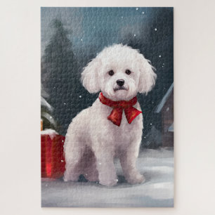 Bichon Frise Dog in Snow Christmas  Jigsaw Puzzle