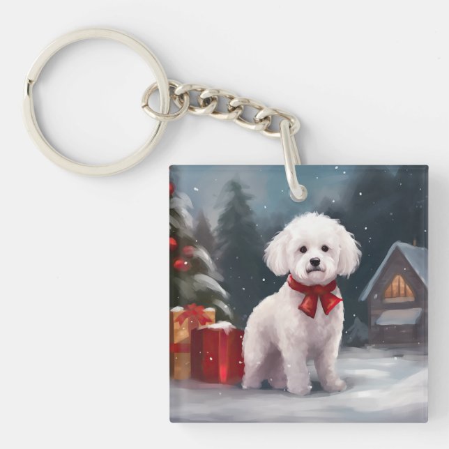 Bichon Frise Dog in Snow Christmas  Key Ring (Front)