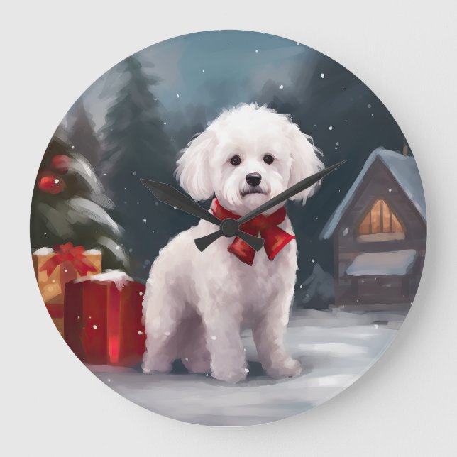 Bichon Frise Dog in Snow Christmas  Large Clock (Front)