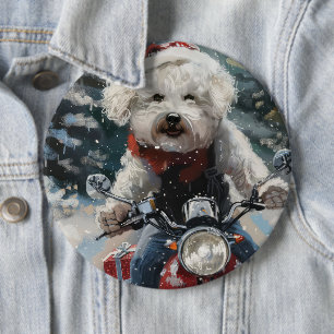 Bichon Frise Dog Riding Motorcycle Christmas 6 Cm Round Badge