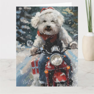 Bichon Frise Dog Riding Motorcycle Christmas Card