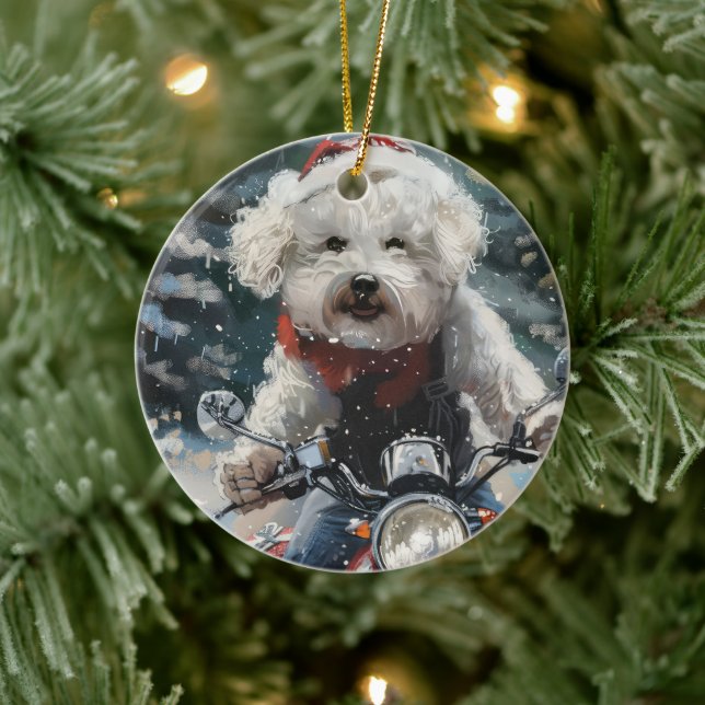 Bichon Frise Dog Riding Motorcycle Christmas Ceramic Ornament (Tree)