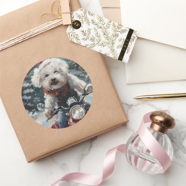 Bichon Frise Dog Riding Motorcycle Christmas Classic Round Sticker (Gifting)