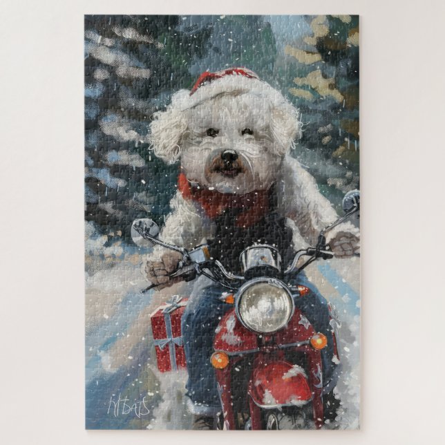 Bichon Frise Dog Riding Motorcycle Christmas Jigsaw Puzzle (Vertical)