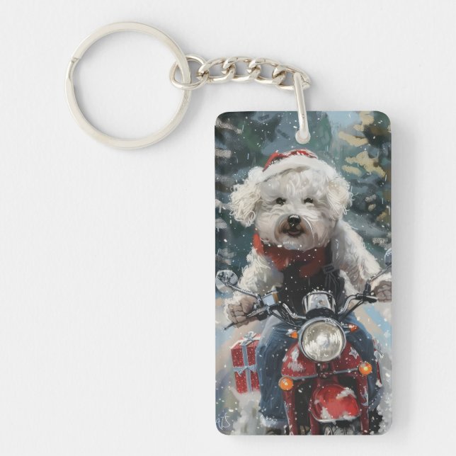 Bichon Frise Dog Riding Motorcycle Christmas Key Ring (Front)