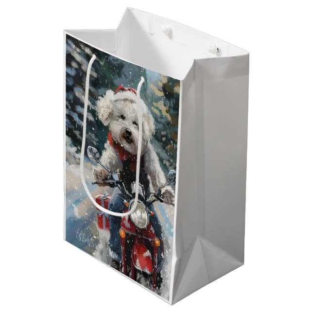Bichon Frise Dog Riding Motorcycle Christmas Medium Gift Bag (Front Angled)