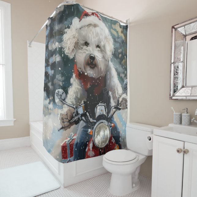 Bichon Frise Dog Riding Motorcycle Christmas Shower Curtain (In Situ)