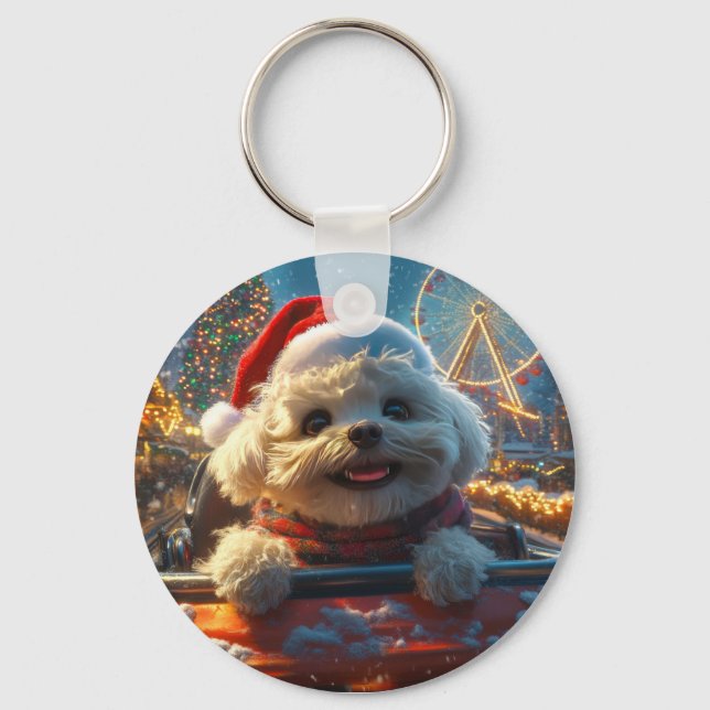 Bichon Frise Dog Roller Coaster Christmas Key Ring (Front)