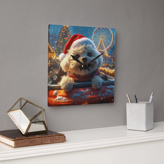 Bichon Frise Dog Roller Coaster Christmas Square Wall Clock (Office)